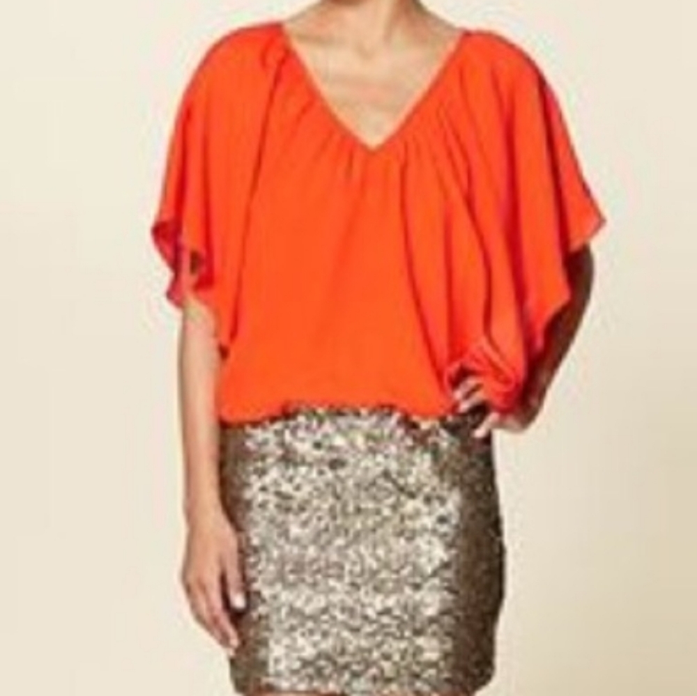 C. Luce orange batwing gold sequin mini dress size medium